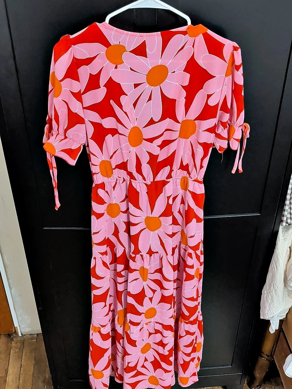 BTFBM Pink Orange Red Floral V-Neck Puff Sleeve Tie Front Tiered Midi Dress Tie - Picture 2 of 3